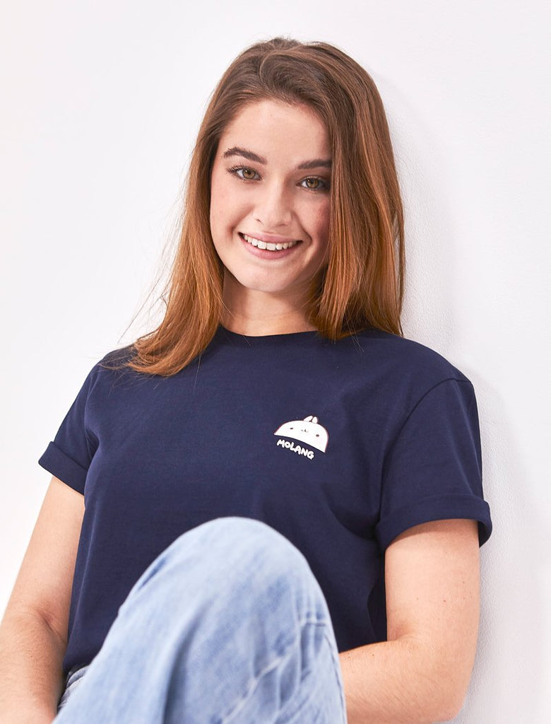 A cute unisex navy blue Molang t shirt "Dream Bigger" of  our bunny.