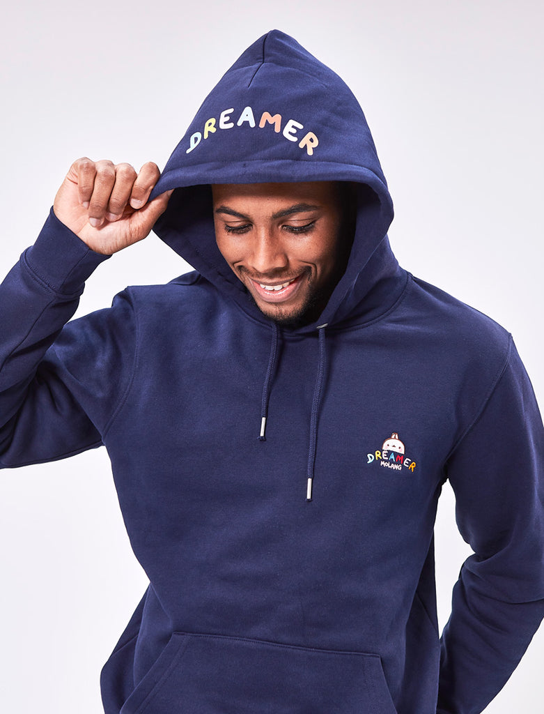 A cute navy blue hoodie Molang "Dreamer" of our bunny.