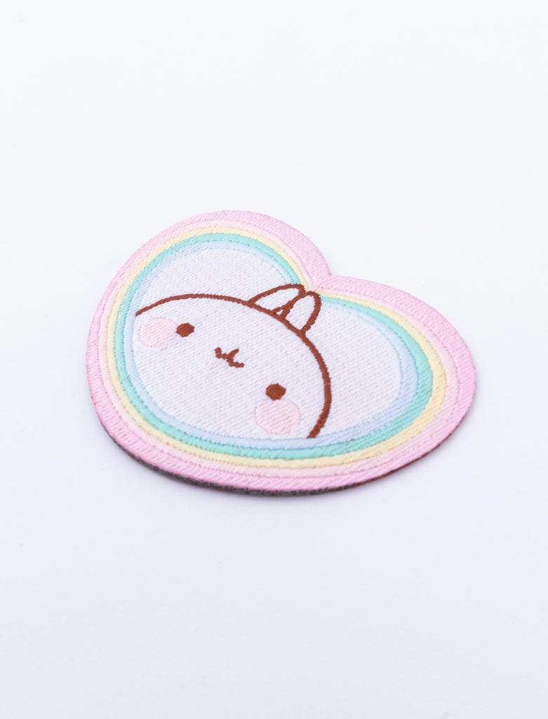 A cute Molang "Rainbow Always Wins" Embroidered Pach Sticker.